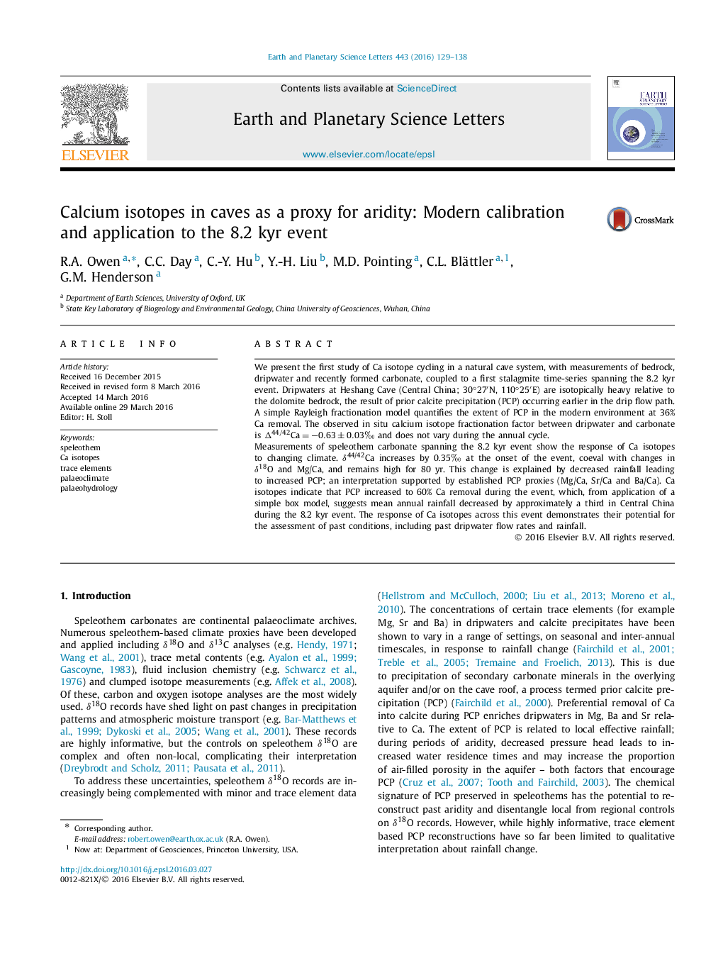 Calcium isotopes in caves as a proxy for aridity: Modern calibration and application to the 8.2 kyr event