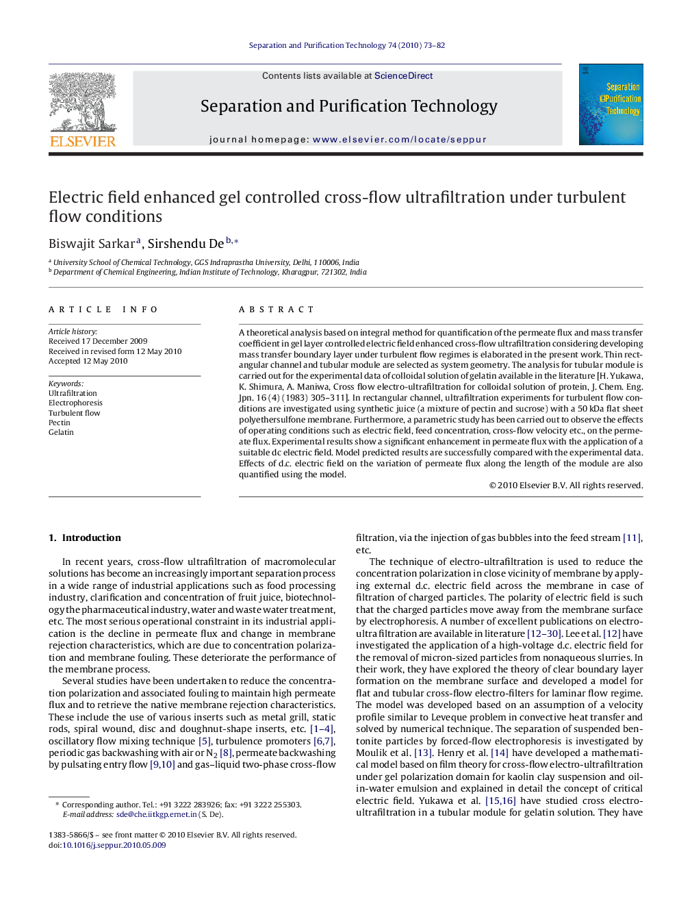 Electric field enhanced gel controlled cross-flow ultrafiltration under turbulent flow conditions