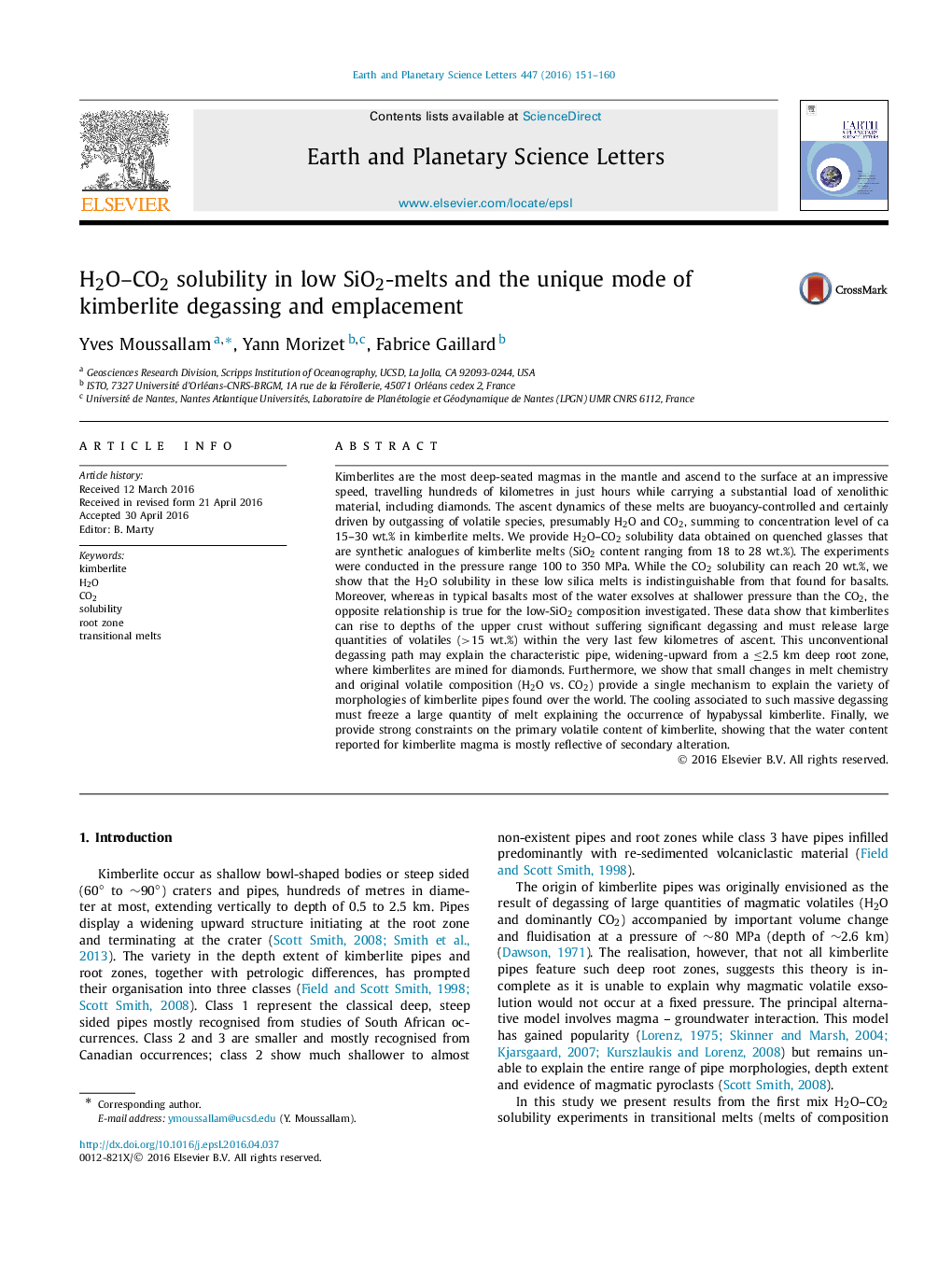 H2O-CO2 solubility in low SiO2-melts and the unique mode of kimberlite degassing and emplacement