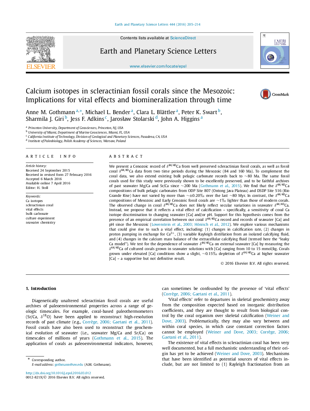 Calcium isotopes in scleractinian fossil corals since the Mesozoic: Implications for vital effects and biomineralization through time