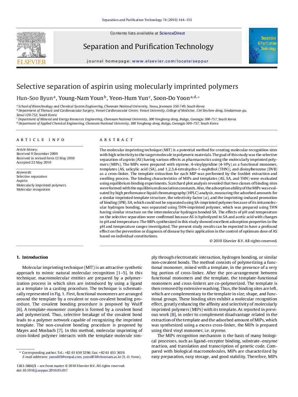 Selective separation of aspirin using molecularly imprinted polymers