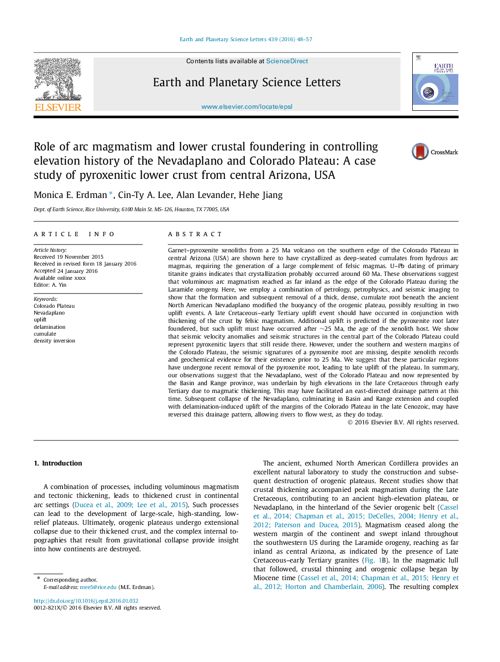 نقش ماگماتیسم قوسی و پایین ترین پوسته شدن در کنترل ارتفاع ارتفاعات نوا و پالائو کلوادو: مطالعه موردی پوسته پایین پیروکسنیتی از مرکز آیزینا، ایالات متحده 