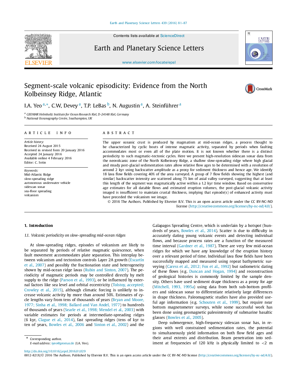 Segment-scale volcanic episodicity: Evidence from the North Kolbeinsey Ridge, Atlantic