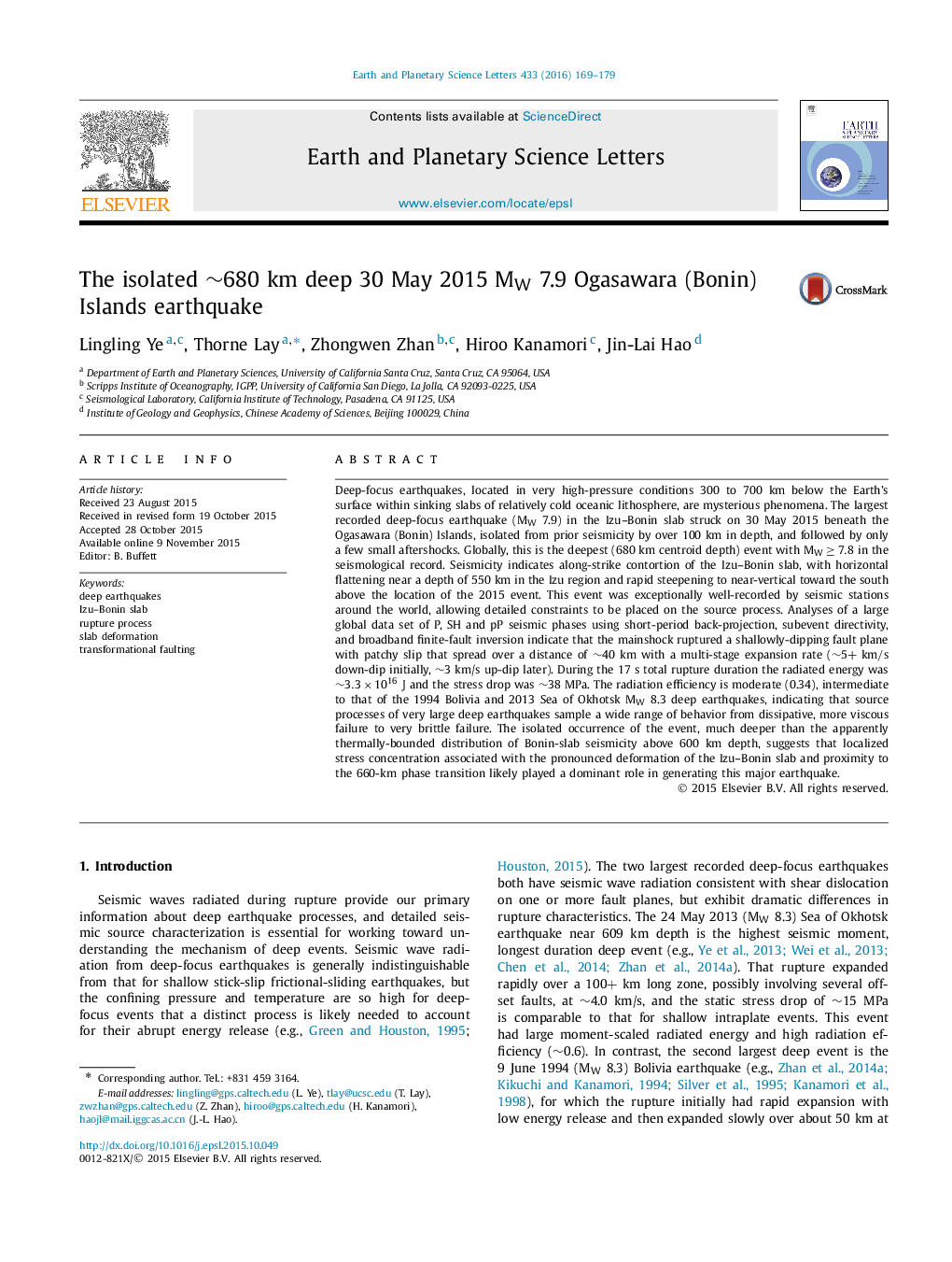 The isolated â¼680 km deep 30 May 2015 MW 7.9 Ogasawara (Bonin) Islands earthquake