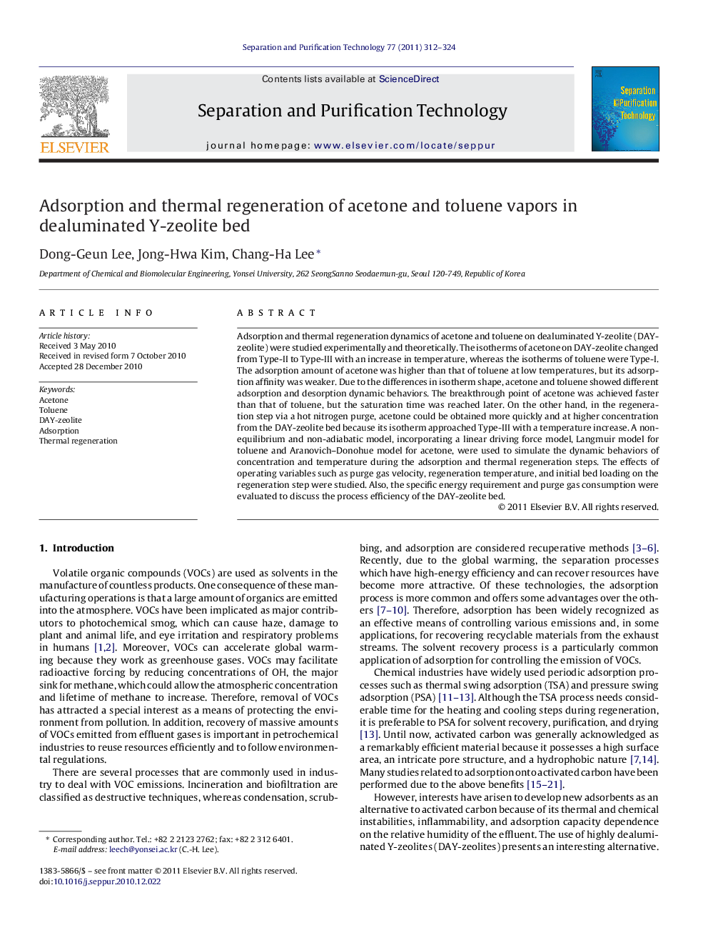 Adsorption and thermal regeneration of acetone and toluene vapors in dealuminated Y-zeolite bed