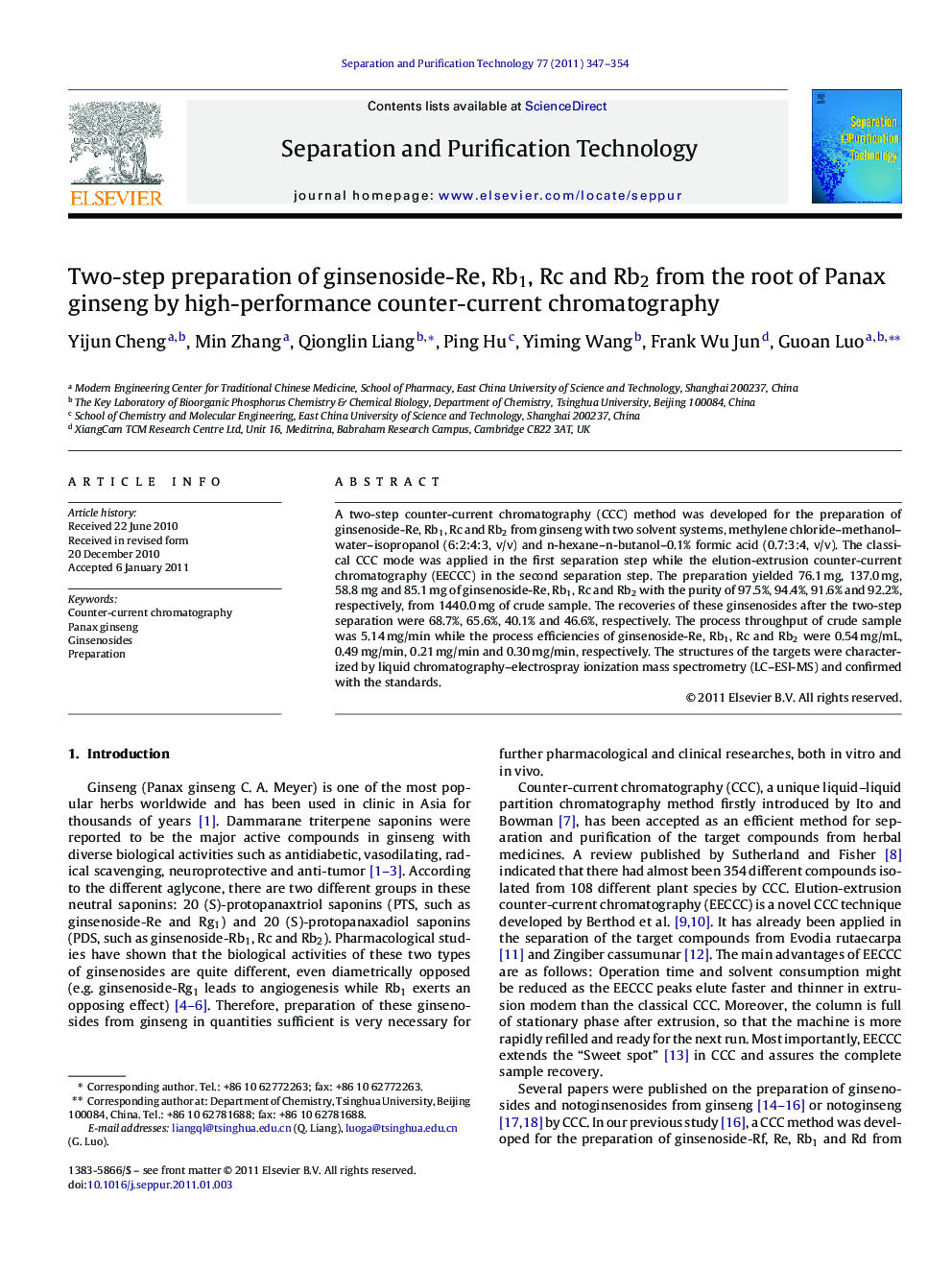 Two-step preparation of ginsenoside-Re, Rb1, Rc and Rb2 from the root of Panax ginseng by high-performance counter-current chromatography