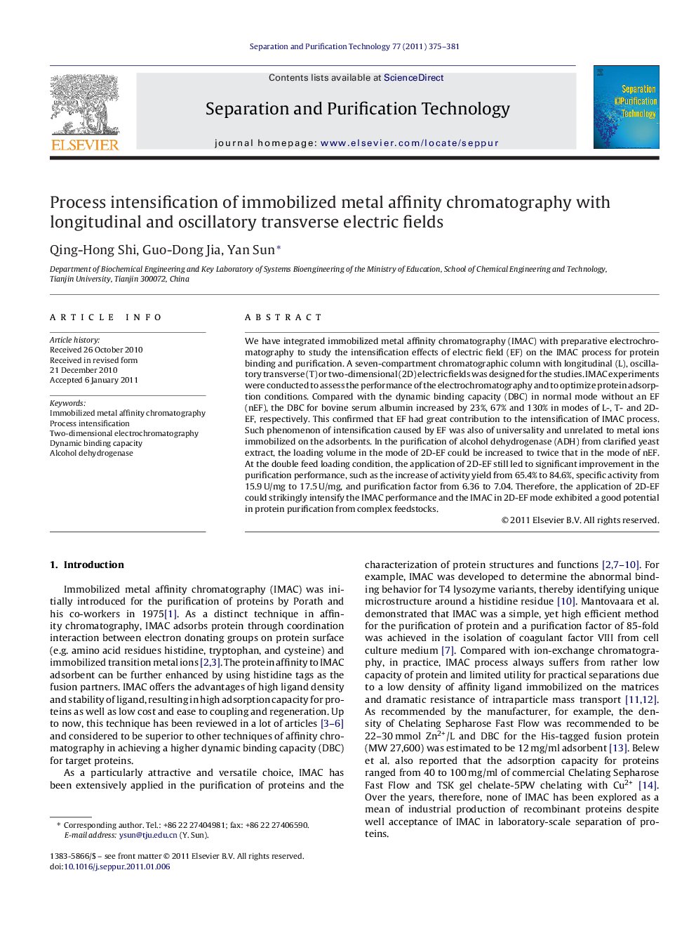 Process intensification of immobilized metal affinity chromatography with longitudinal and oscillatory transverse electric fields