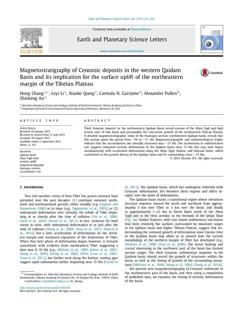 عکس صفحه اول مقاله: Magnetostratigraphy of Cenozoic deposits in the western Qaidam Basin and its implication for the surface uplift of the northeastern margin of the Tibetan Plateau Magnetostratigraphy of Cenozoic deposits in the western Qaidam Basin and its implication for the surface uplift of the northeastern margin of the Tibetan Plateau