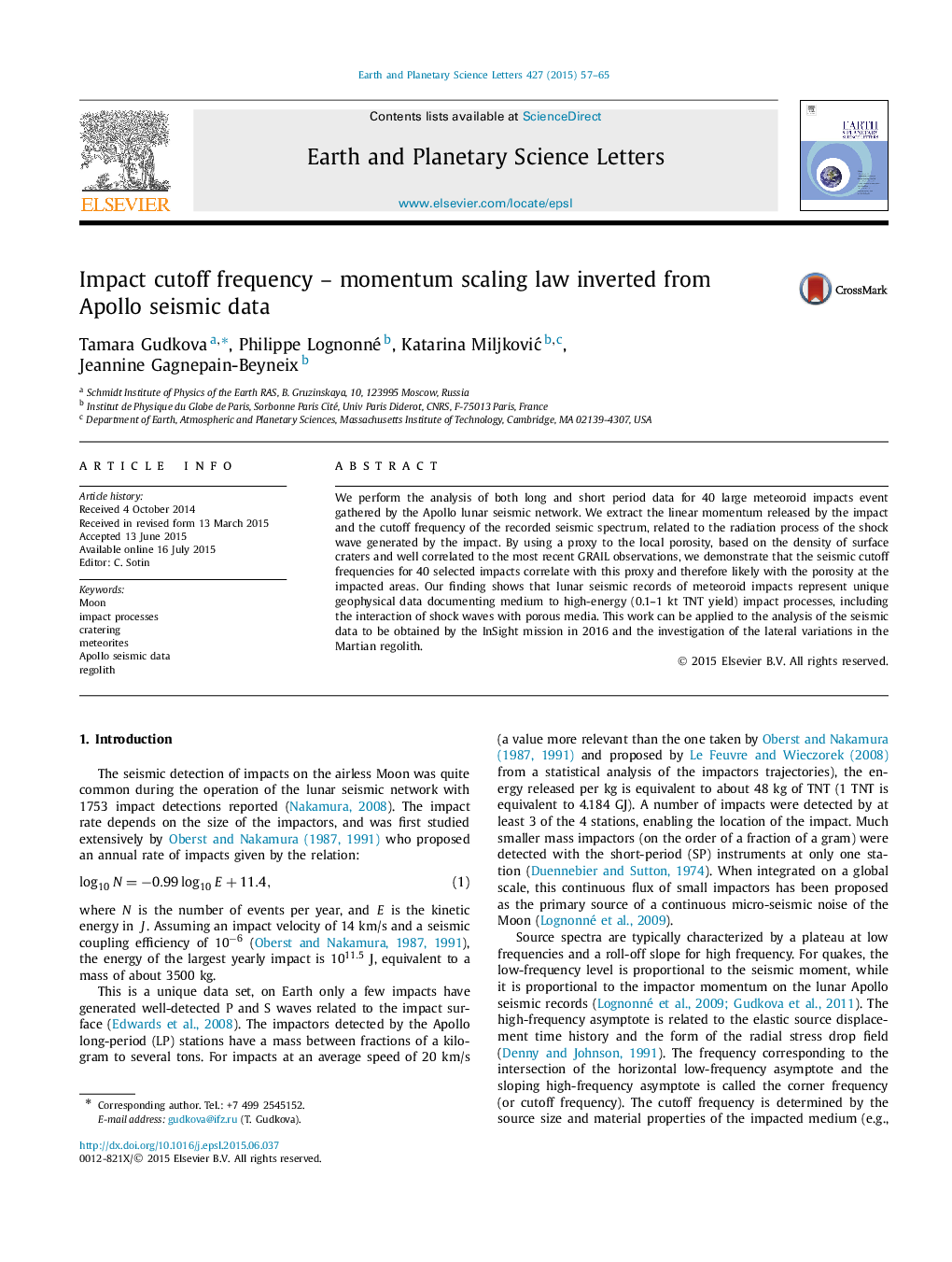 Impact cutoff frequency - momentum scaling law inverted from Apollo seismic data