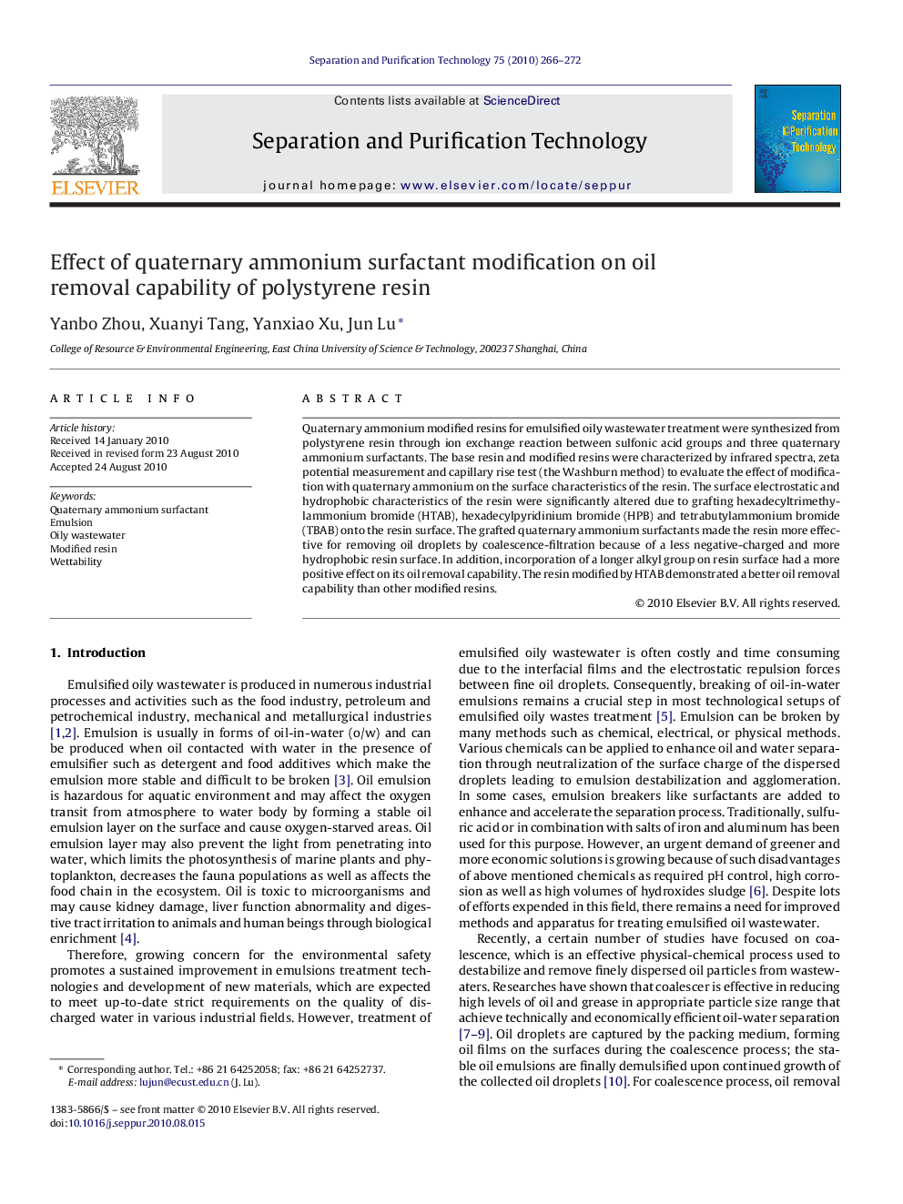 Effect of quaternary ammonium surfactant modification on oil removal capability of polystyrene resin