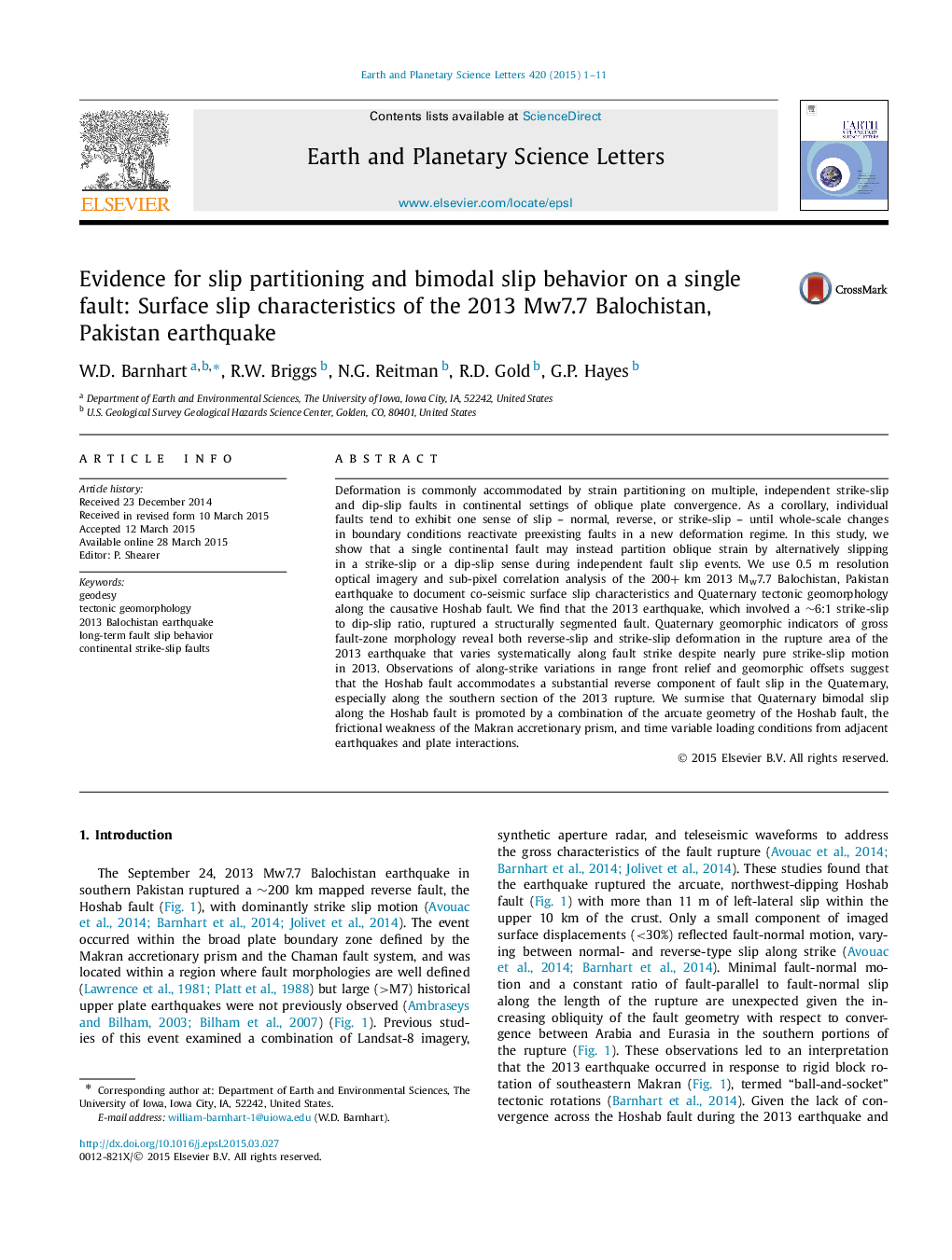 Evidence for slip partitioning and bimodal slip behavior on a single fault: Surface slip characteristics of the 2013 Mw7.7 Balochistan, Pakistan earthquake