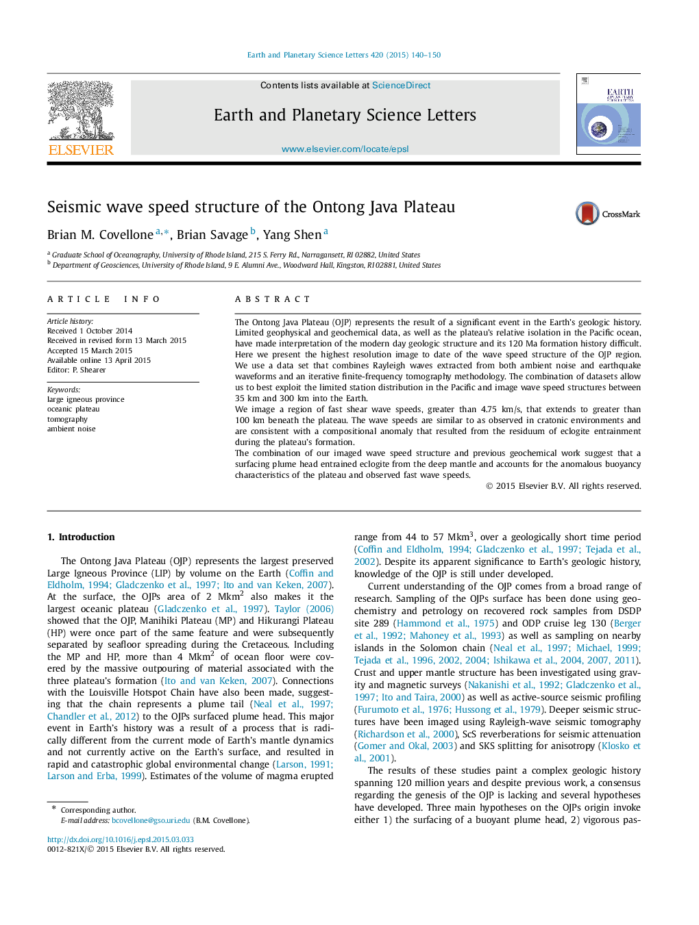 Seismic wave speed structure of the Ontong Java Plateau