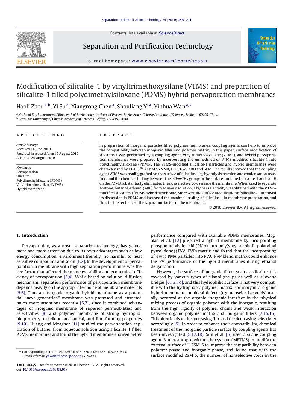 Modification of silicalite-1 by vinyltrimethoxysilane (VTMS) and preparation of silicalite-1 filled polydimethylsiloxane (PDMS) hybrid pervaporation membranes