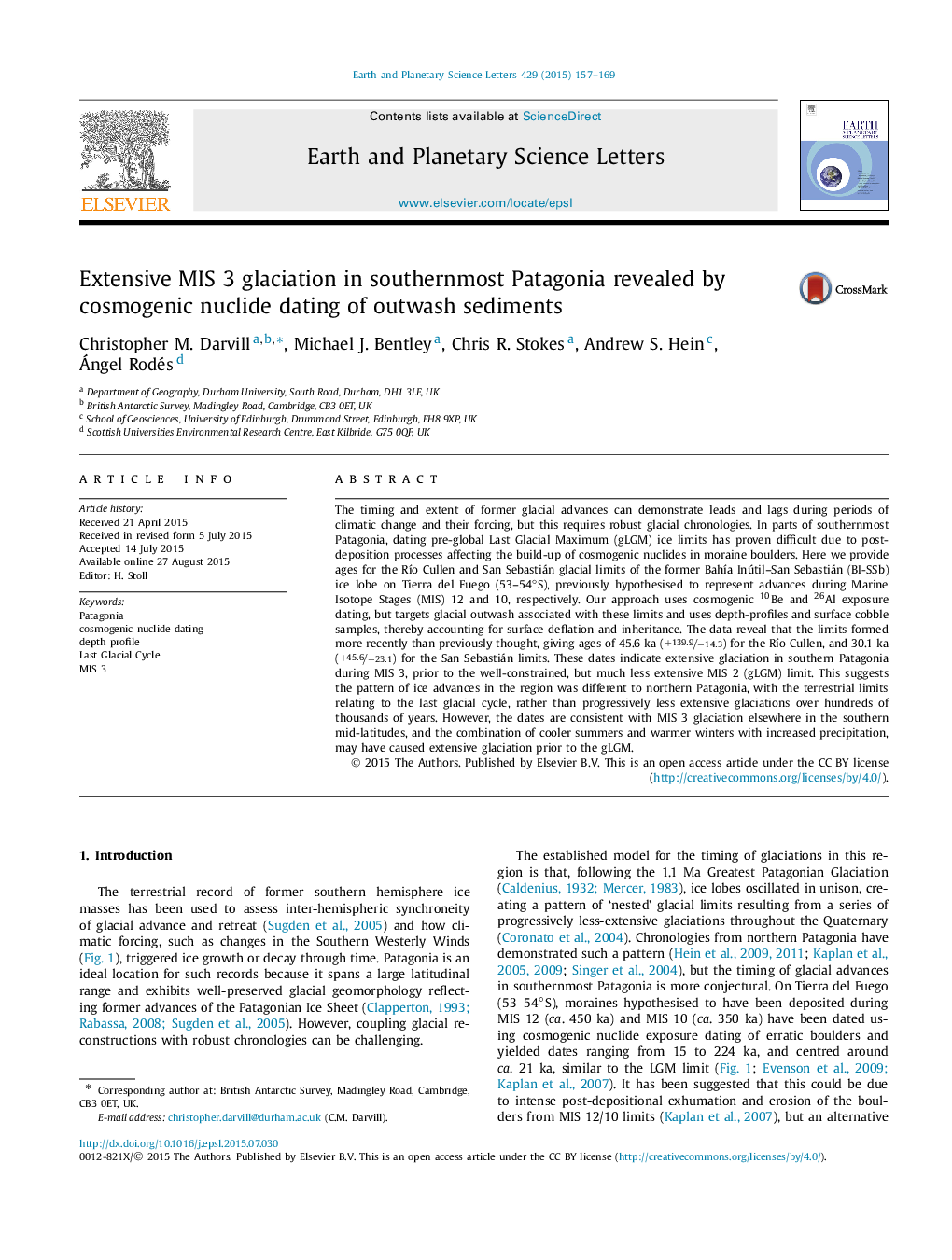 عکس صفحه اول مقاله: Extensive MIS 3 glaciation in southernmost Patagonia revealed by cosmogenic nuclide dating of outwash sediments Extensive MIS 3 glaciation in southernmost Patagonia revealed by cosmogenic nuclide dating of outwash sediments