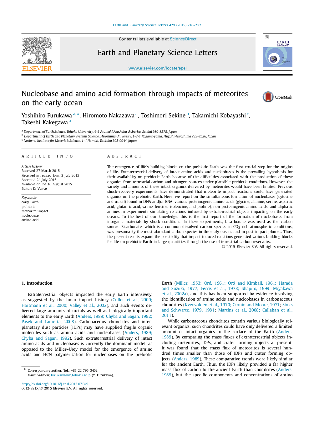 Nucleobase and amino acid formation through impacts of meteorites on the early ocean