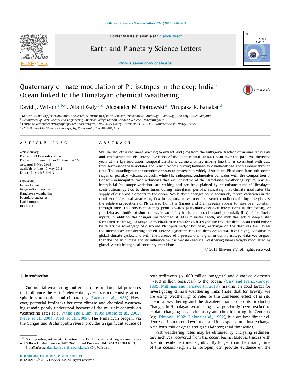 Quaternary climate modulation of Pb isotopes in the deep Indian Ocean linked to the Himalayan chemical weathering