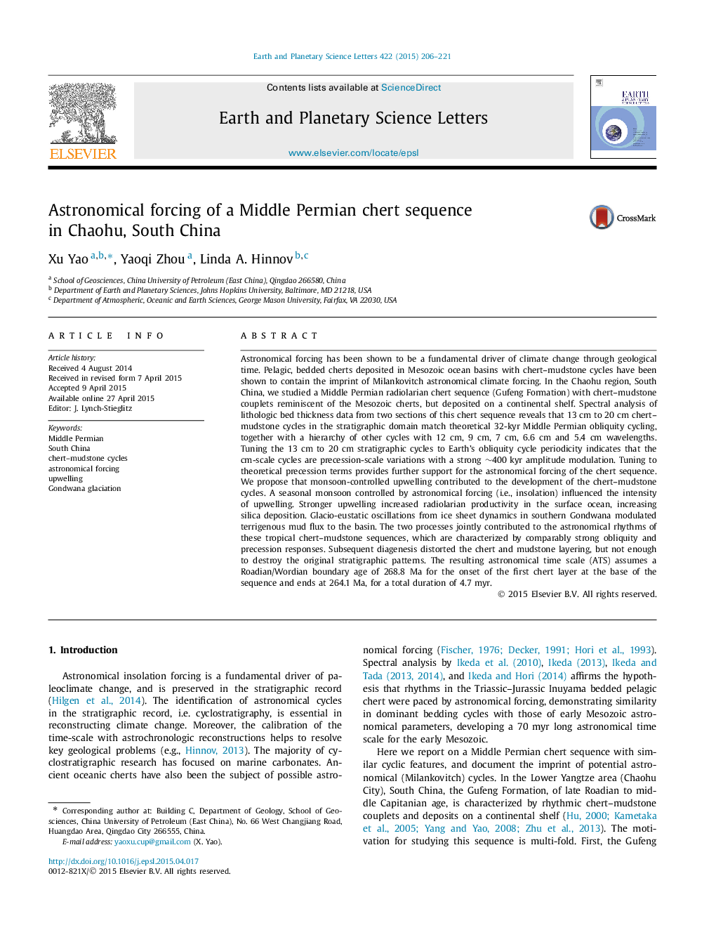 Astronomical forcing of a Middle Permian chert sequence in Chaohu, South China