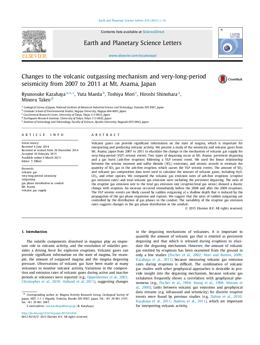 Changes to the volcanic outgassing mechanism and very-long-period seismicity from 2007 to 2011 at Mt. Asama, Japan