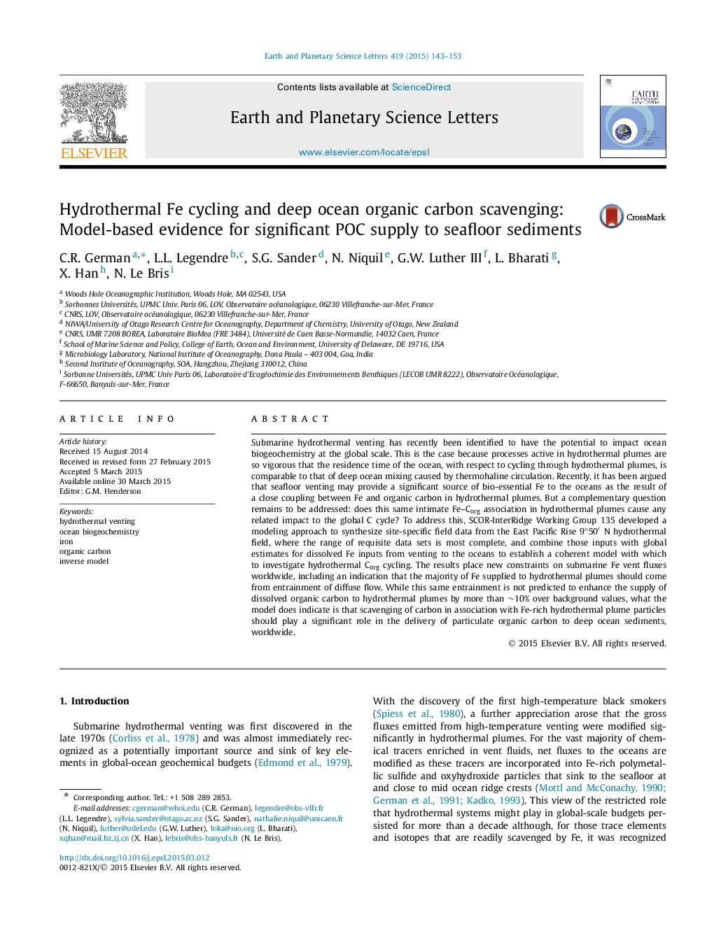 Hydrothermal Fe cycling and deep ocean organic carbon scavenging: Model-based evidence for significant POC supply to seafloor sediments