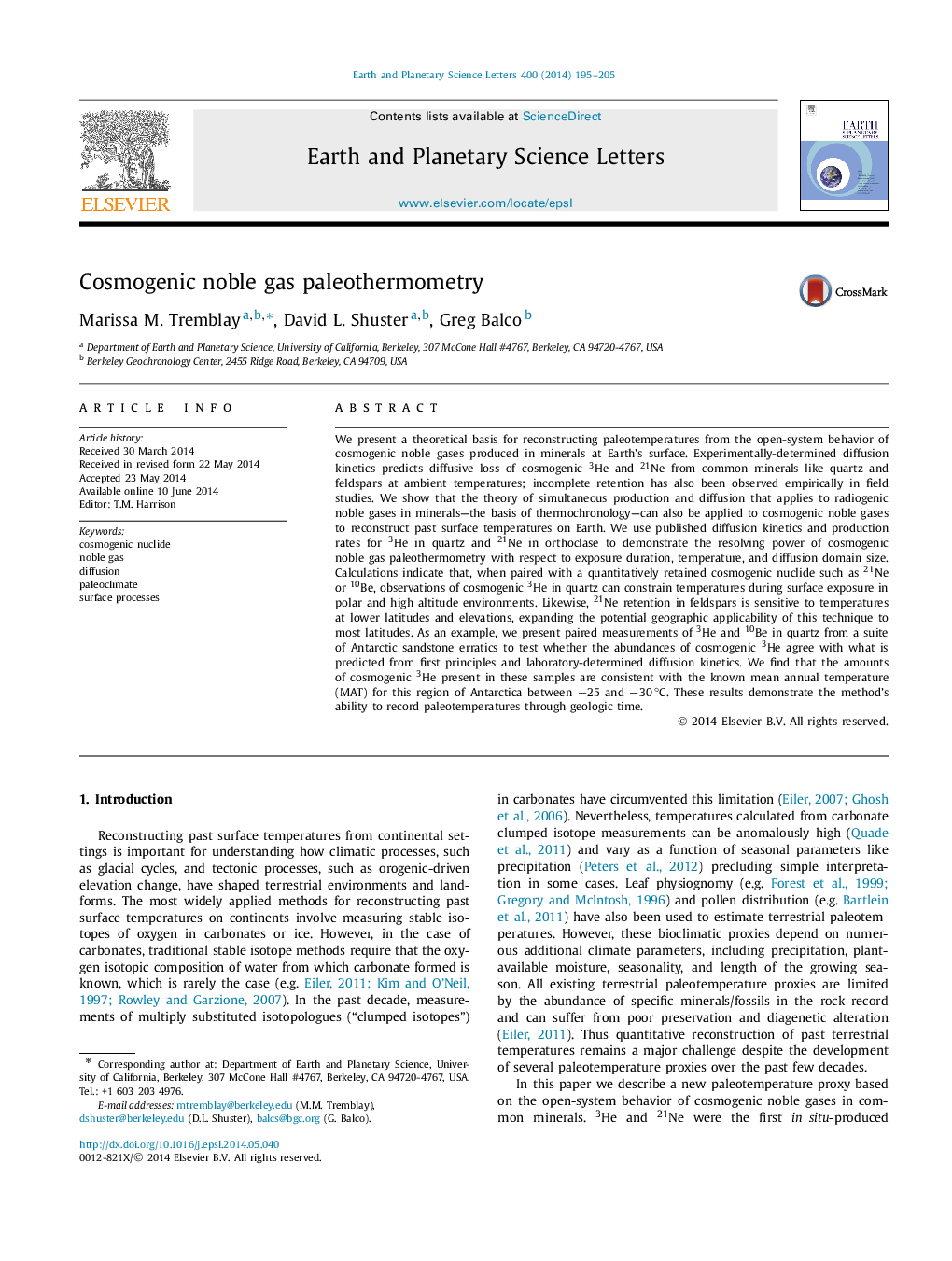 Cosmogenic noble gas paleothermometry