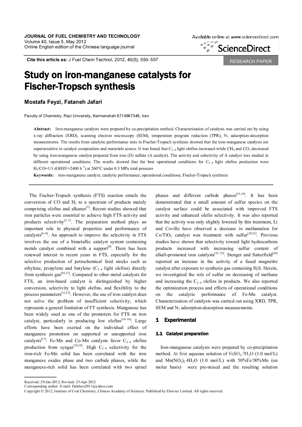 Study on iron-manganese catalysts for Fischer-Tropsch synthesis