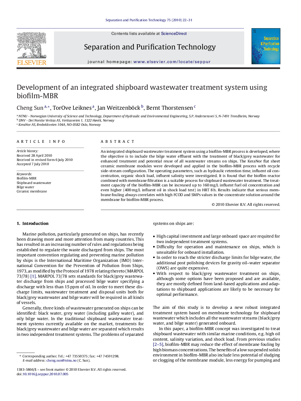 Development of an integrated shipboard wastewater treatment system using biofilm-MBR