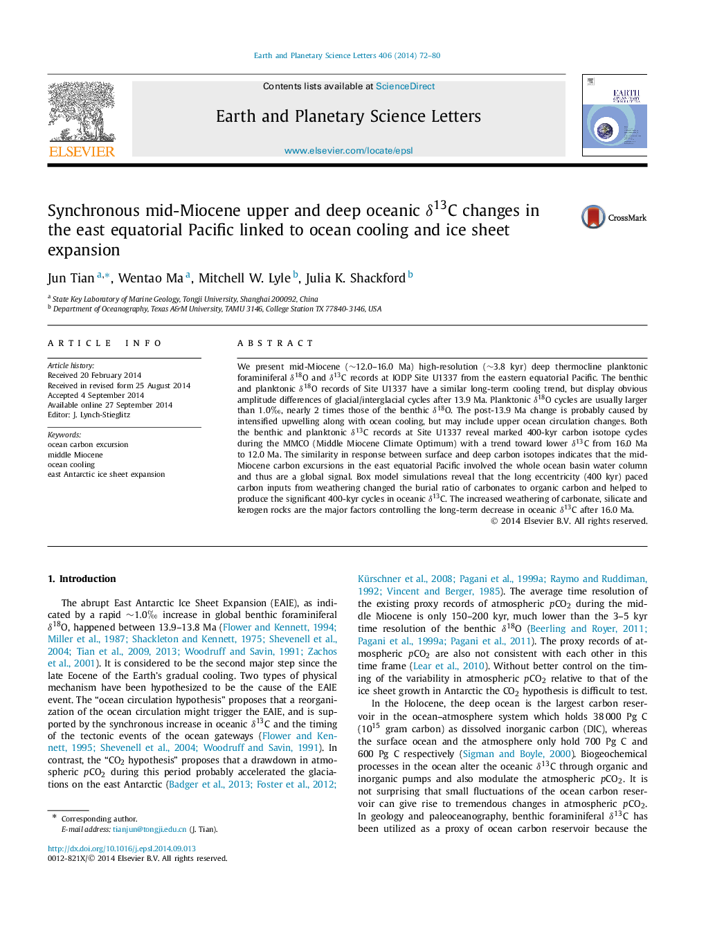 Synchronous mid-Miocene upper and deep oceanic Î´13C changes in the east equatorial Pacific linked to ocean cooling and ice sheet expansion