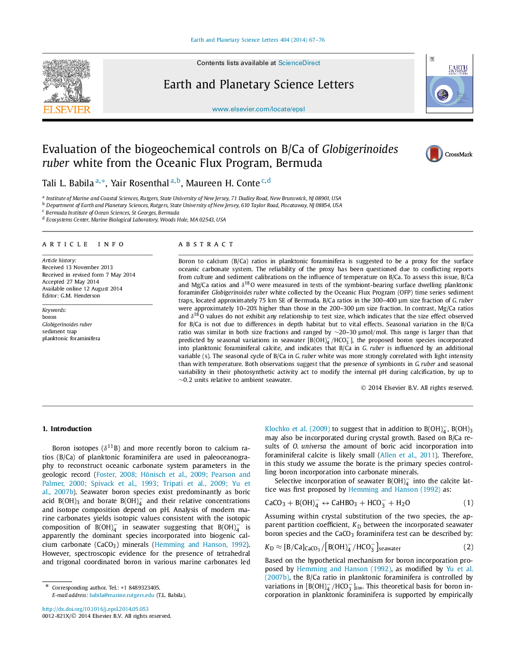 Evaluation of the biogeochemical controls on B/Ca of Globigerinoides ruber white from the Oceanic Flux Program, Bermuda