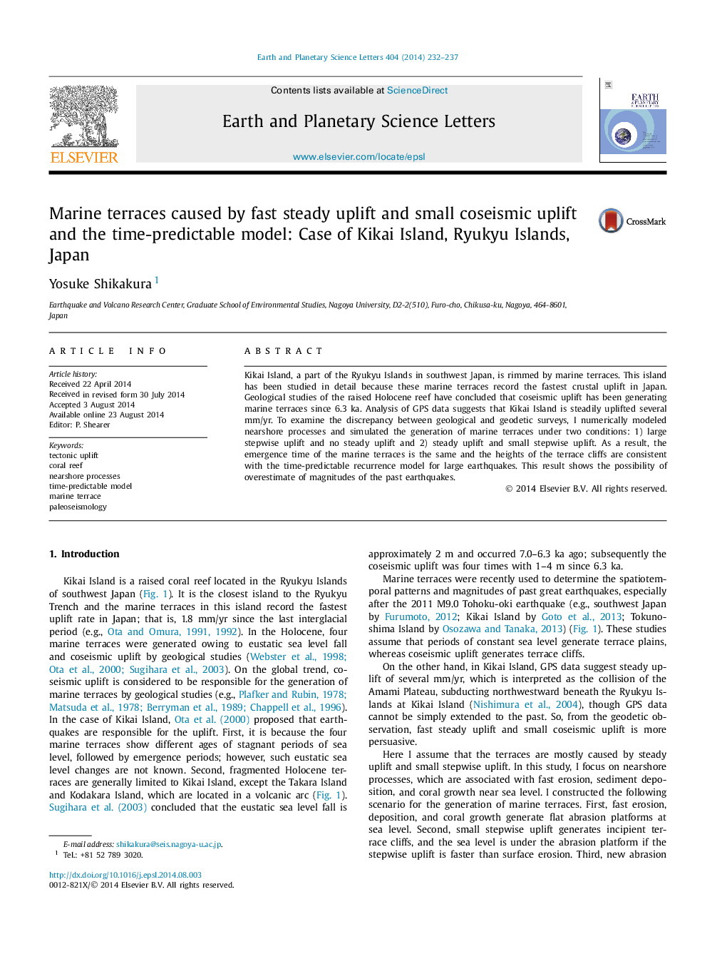 Marine terraces caused by fast steady uplift and small coseismic uplift and the time-predictable model: Case of Kikai Island, Ryukyu Islands, Japan