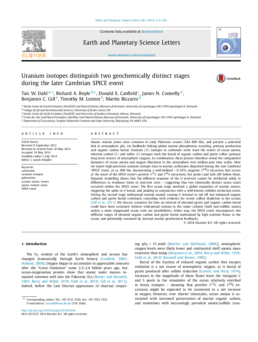 Uranium isotopes distinguish two geochemically distinct stages during the later Cambrian SPICE event