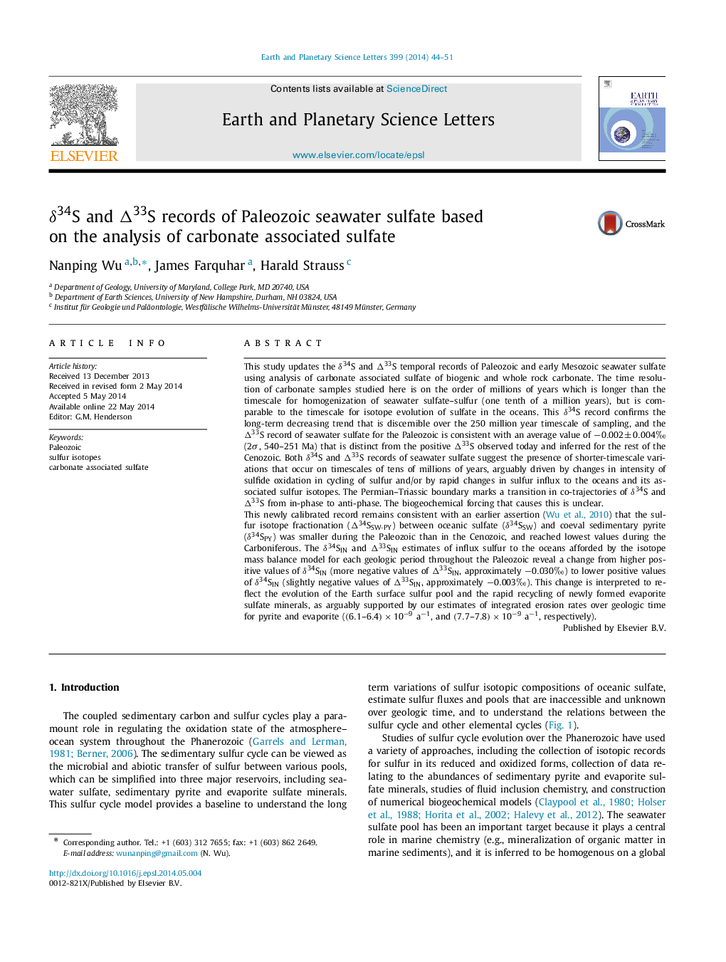 Î´34S and Î33S records of Paleozoic seawater sulfate based on the analysis of carbonate associated sulfate