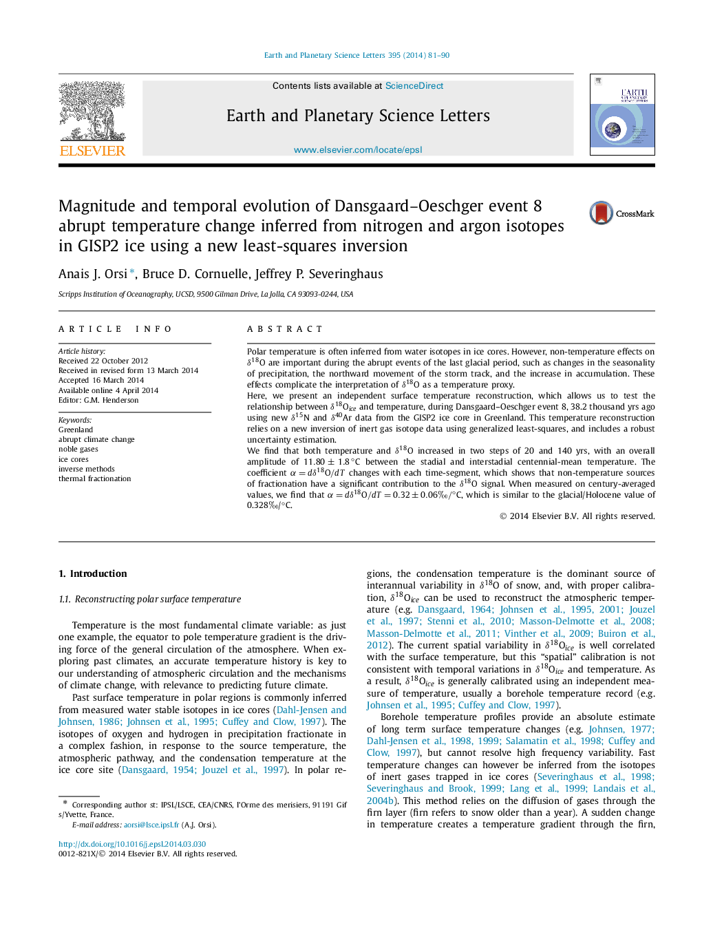 Magnitude and temporal evolution of Dansgaard-Oeschger event 8 abrupt temperature change inferred from nitrogen and argon isotopes in GISP2 ice using a new least-squares inversion