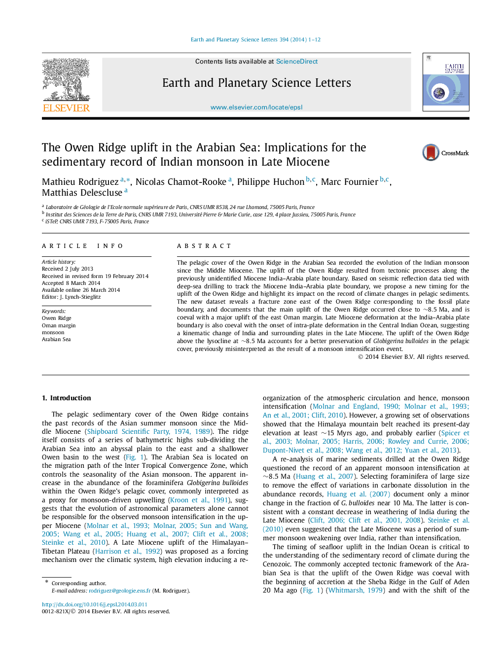 The Owen Ridge uplift in the Arabian Sea: Implications for the sedimentary record of Indian monsoon in Late Miocene