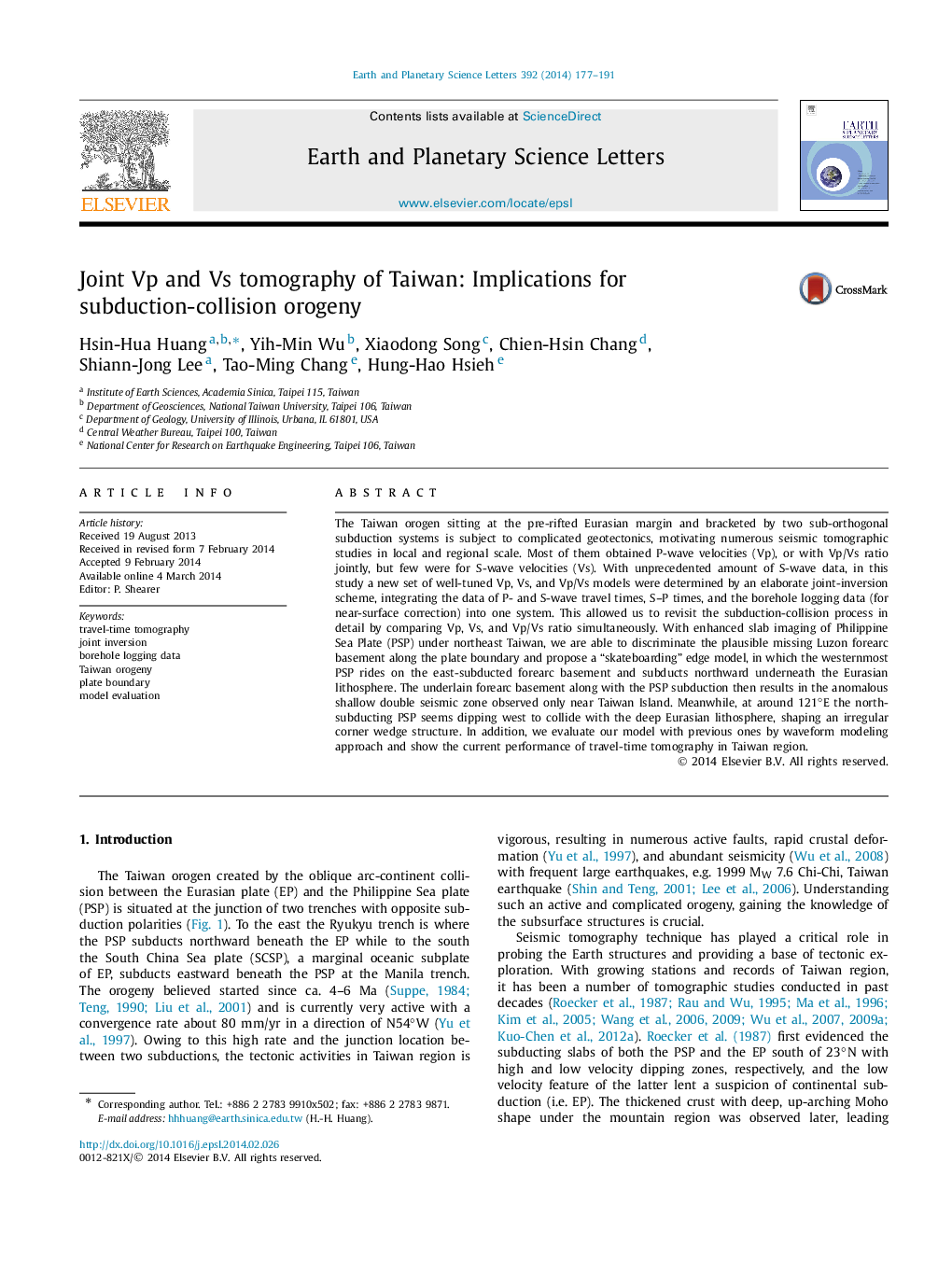 Joint Vp and Vs tomography of Taiwan: Implications for subduction-collision orogeny