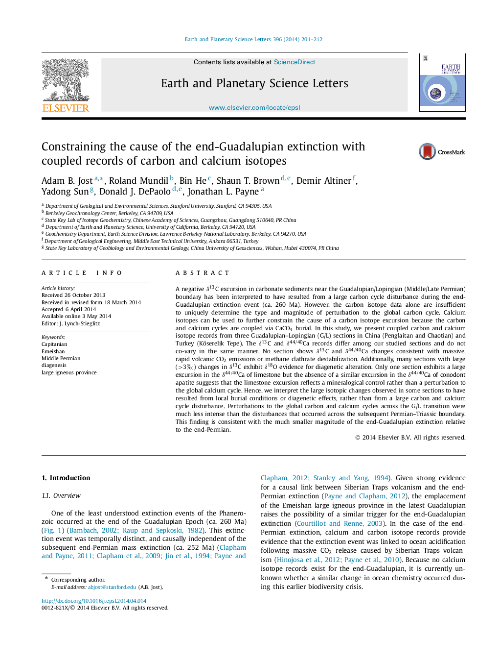 Constraining the cause of the end-Guadalupian extinction with coupled records of carbon and calcium isotopes