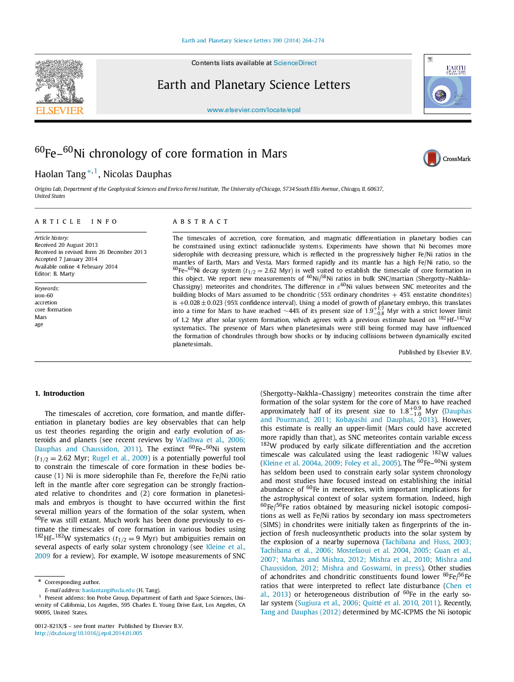 60Fe-60Ni chronology of core formation in Mars