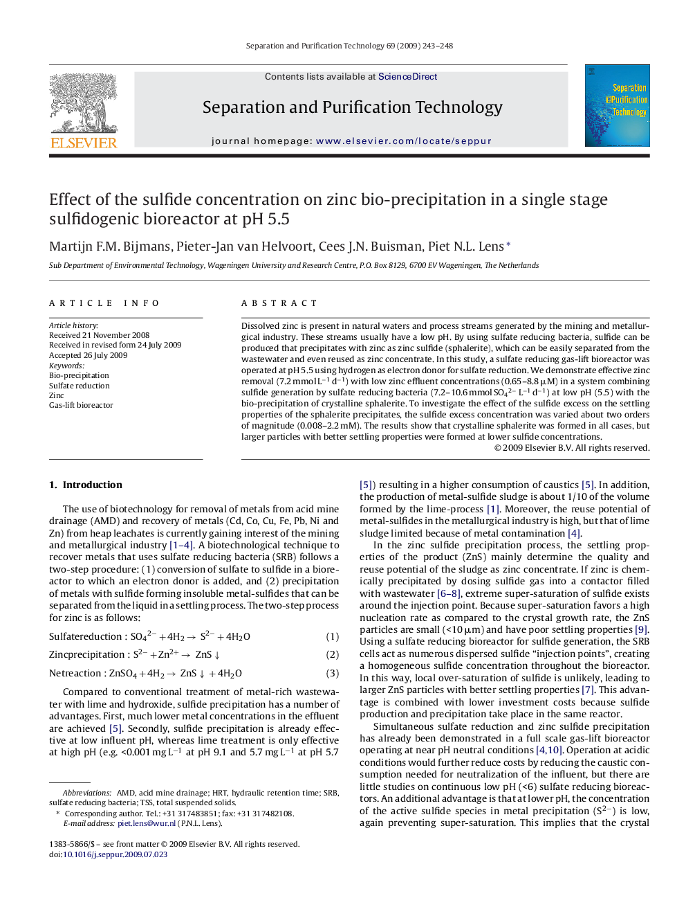 Effect of the sulfide concentration on zinc bio-precipitation in a single stage sulfidogenic bioreactor at pH 5.5