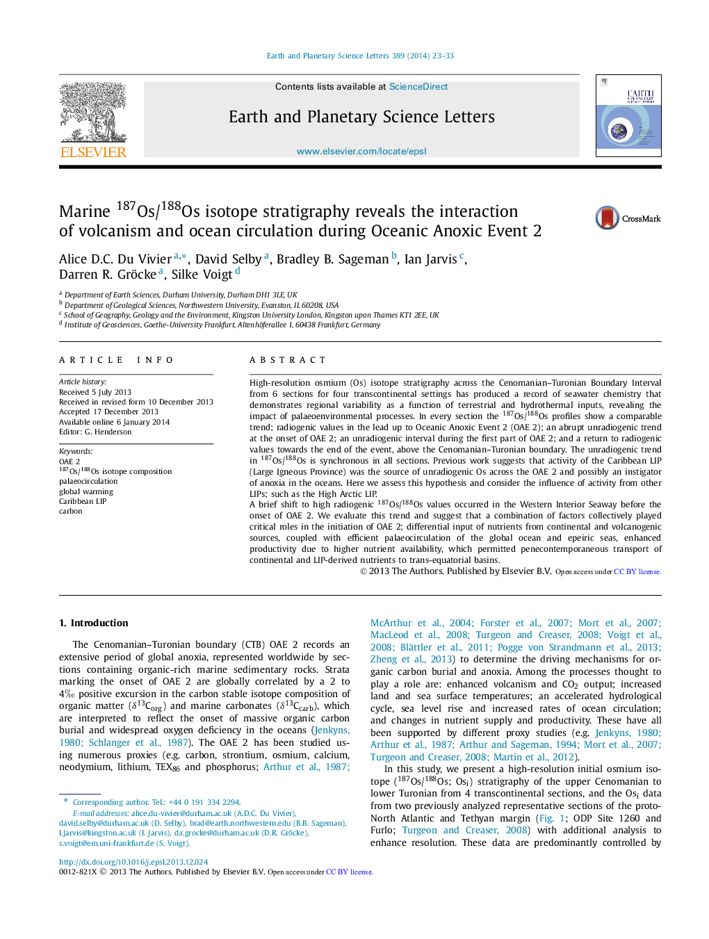 Marine 187Os/188Os isotope stratigraphy reveals the interaction of volcanism and ocean circulation during Oceanic Anoxic Event 2