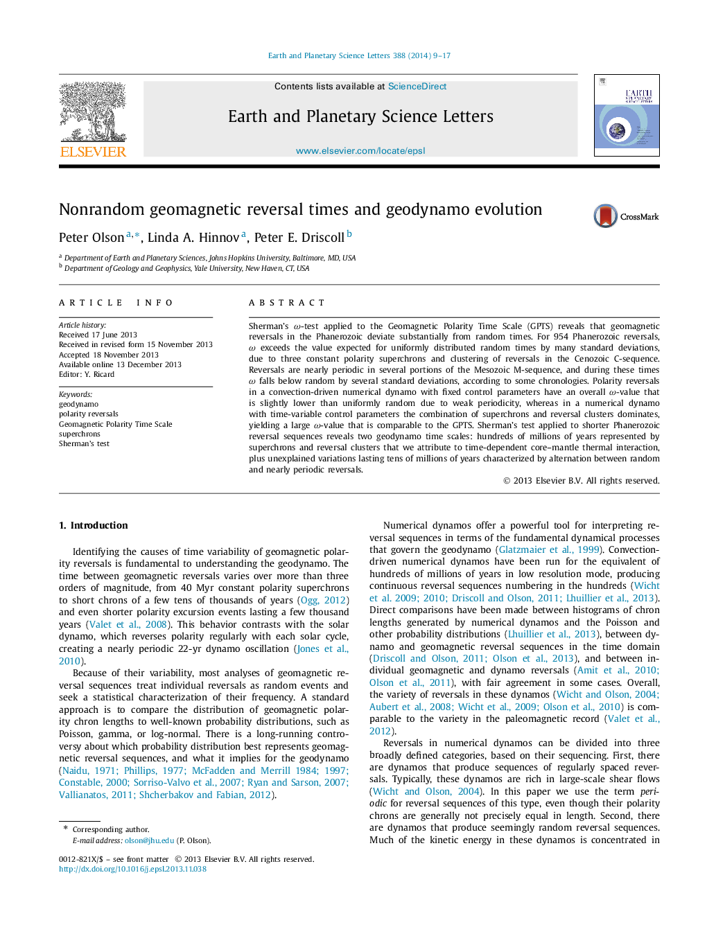 Nonrandom geomagnetic reversal times and geodynamo evolution