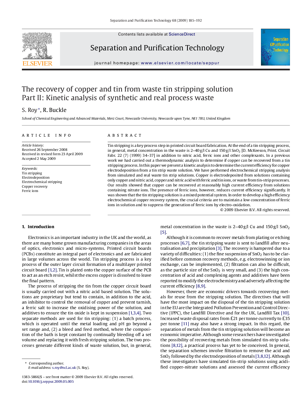 The recovery of copper and tin from waste tin stripping solution: Part II: Kinetic analysis of synthetic and real process waste