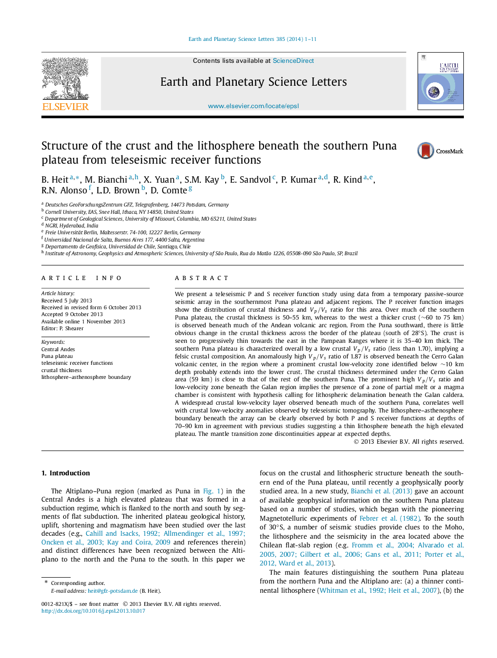 Structure of the crust and the lithosphere beneath the southern Puna plateau from teleseismic receiver functions