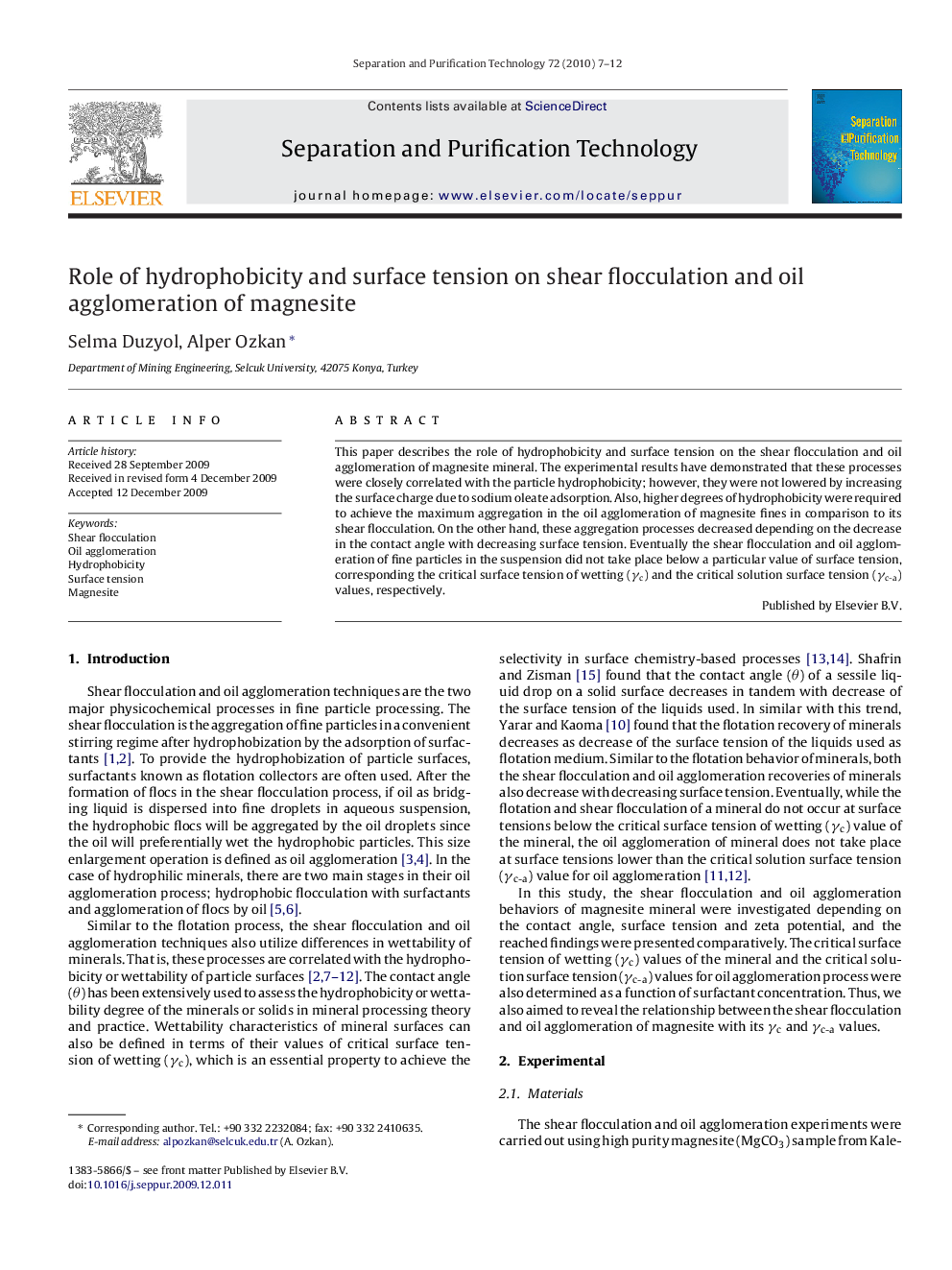 Role of hydrophobicity and surface tension on shear flocculation and oil agglomeration of magnesite