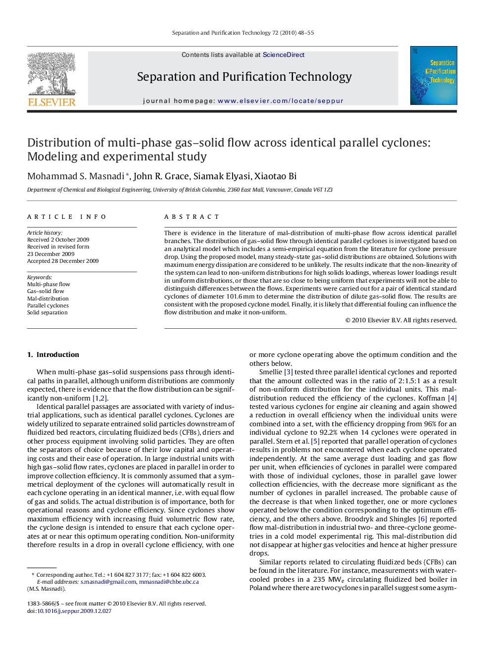 Distribution of multi-phase gas–solid flow across identical parallel cyclones: Modeling and experimental study