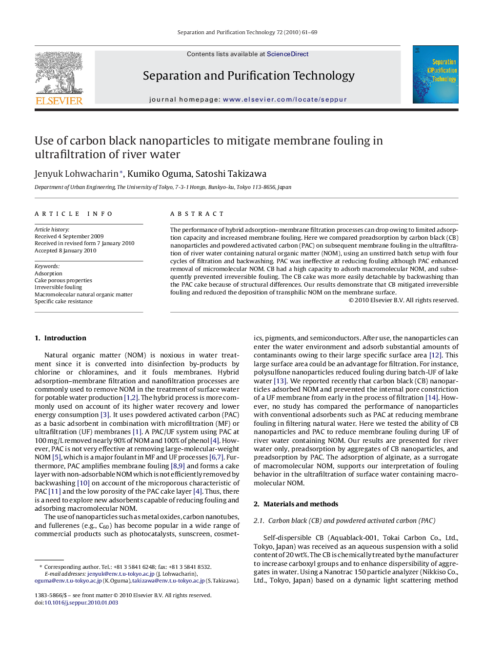 Use of carbon black nanoparticles to mitigate membrane fouling in ultrafiltration of river water