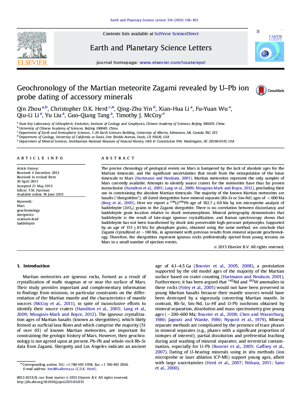 Geochronology of the Martian meteorite Zagami revealed by U-Pb ion probe dating of accessory minerals