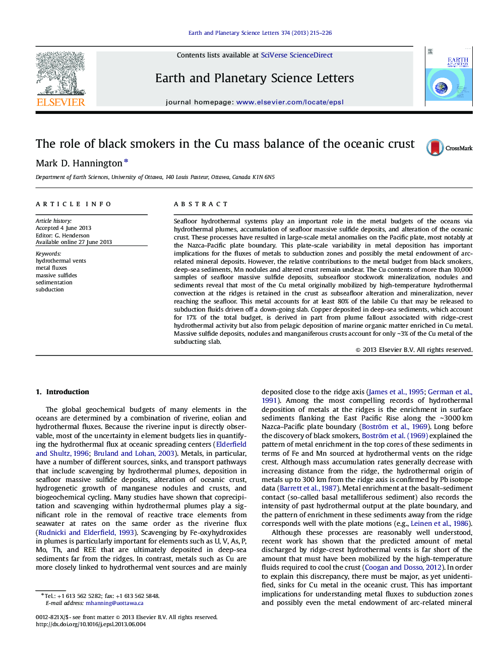 The role of black smokers in the Cu mass balance of the oceanic crust