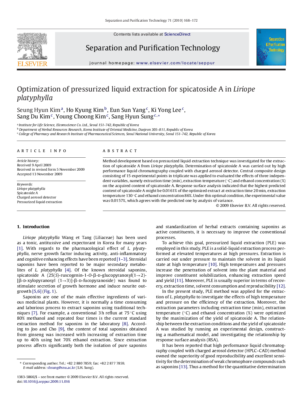 Optimization of pressurized liquid extraction for spicatoside A in Liriope platyphylla