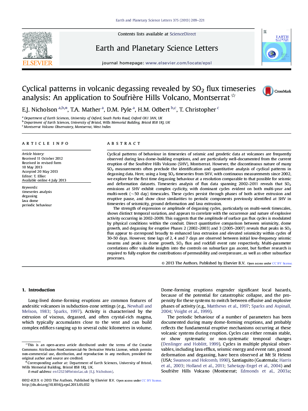 Cyclical patterns in volcanic degassing revealed by SO2 flux timeseries analysis: An application to SoufriÃ¨re Hills Volcano, Montserrat