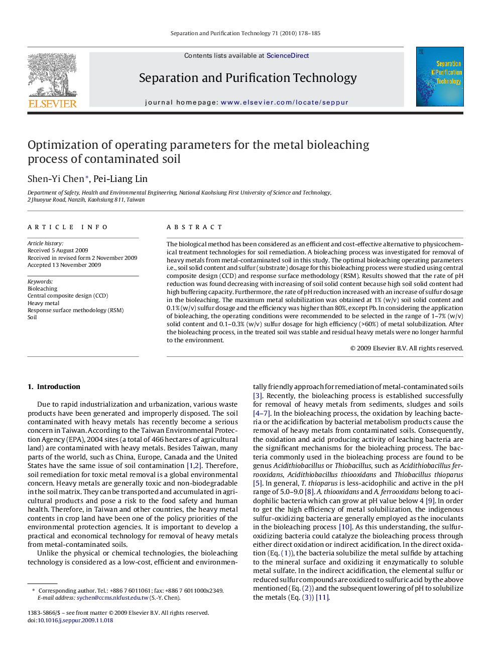 Optimization of operating parameters for the metal bioleaching process of contaminated soil