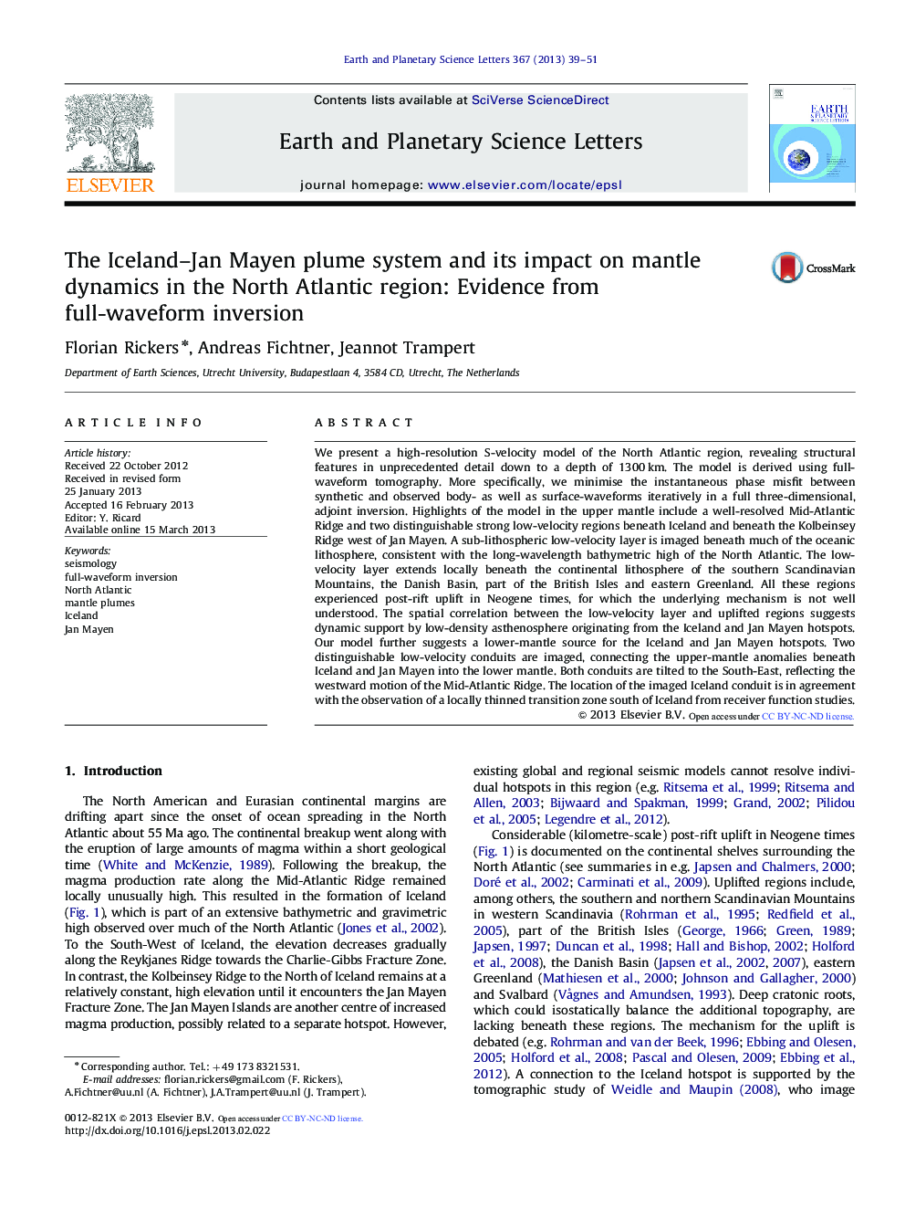 عکس صفحه اول مقاله: The Iceland-Jan Mayen plume system and its impact on mantle dynamics in the North Atlantic region: Evidence from full-waveform inversion The Iceland-Jan Mayen plume system and its impact on mantle dynamics in the North Atlantic region: Evidence from full-waveform inversion